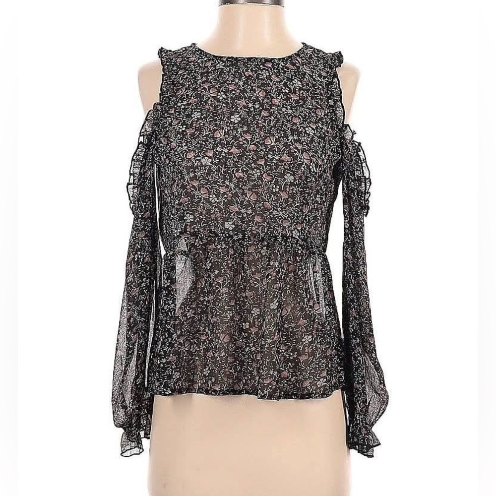 American Eagle Outfitters Black Floral Pleated Top With Elastic Wrists